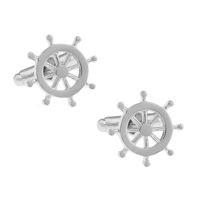 Helm Ship Steering Wheel Cufflinks Silver Image Pair