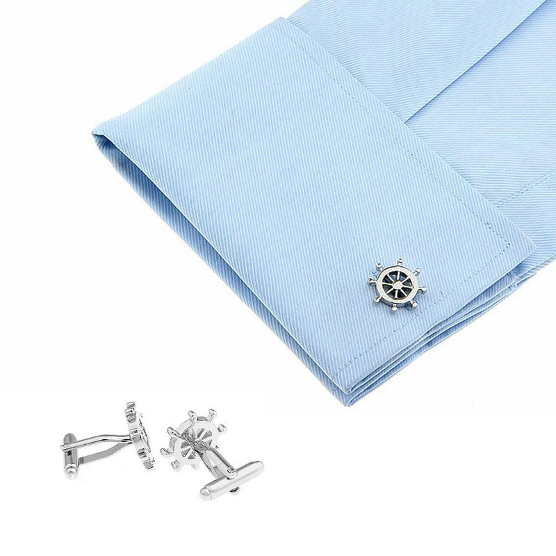 Helm Ship Steering Wheel Cufflinks Silver Image On Shirt Sleeve