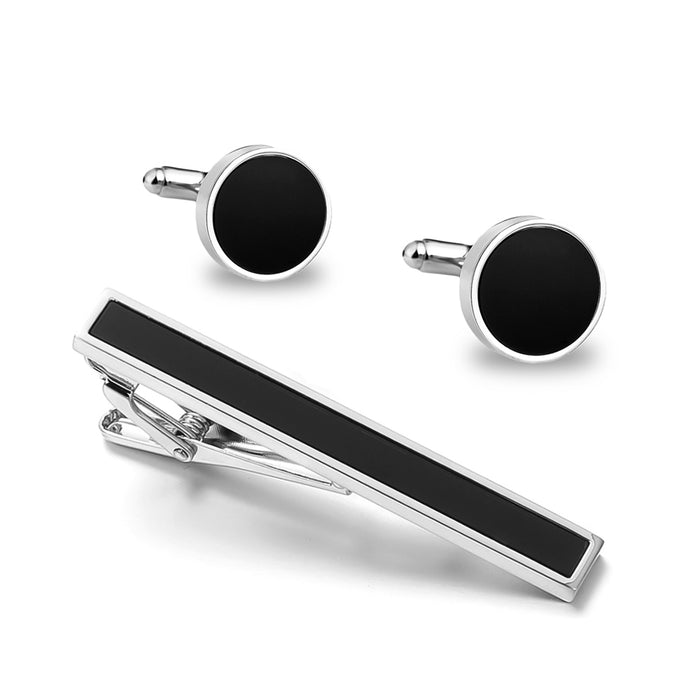 Round Silver and Black Cufflink and Tie Clip Set