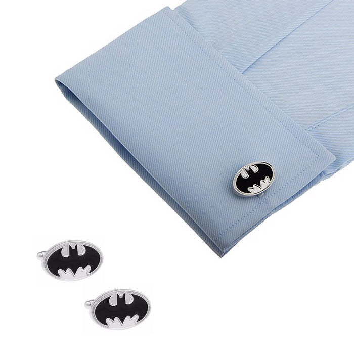 Superhero Batman Cufflinks Black Silver Image On Shirt Sleeve