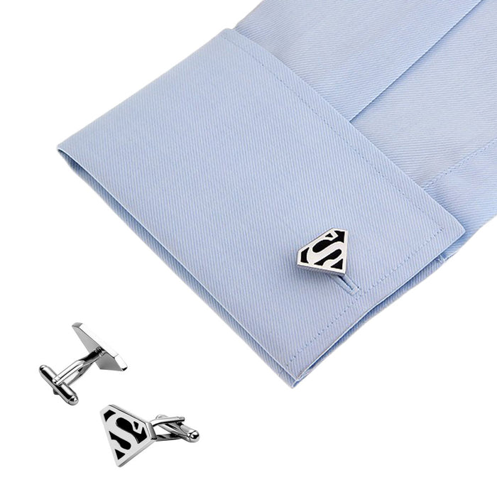 Superhero Superman Cufflinks Silver Black Image On Shirt Sleeve