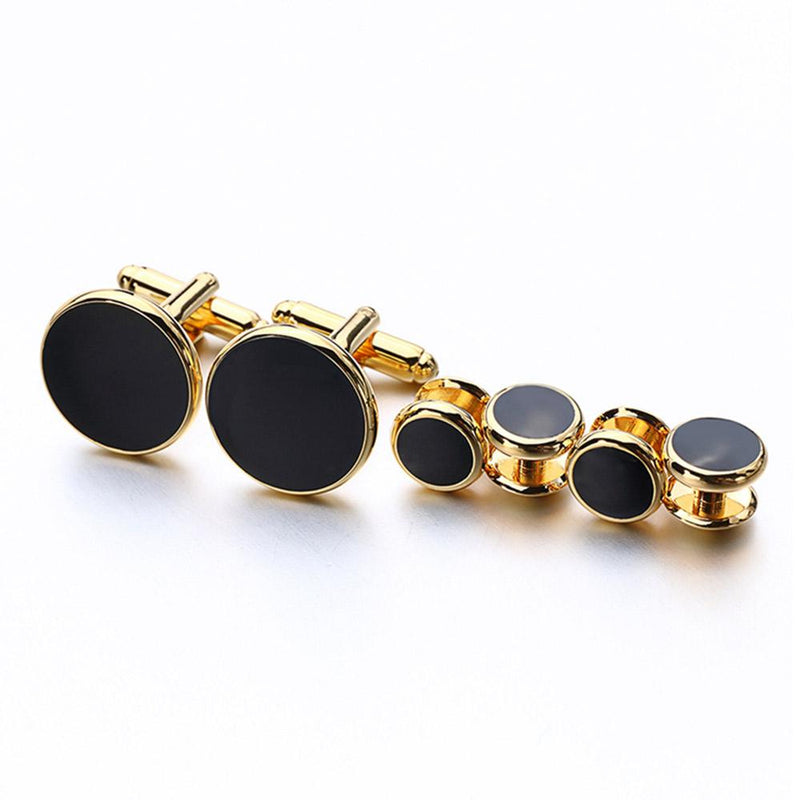 Glossy Black Tuxedo Cufflinks and Shirt Stud Set Gold 6 Piece Image