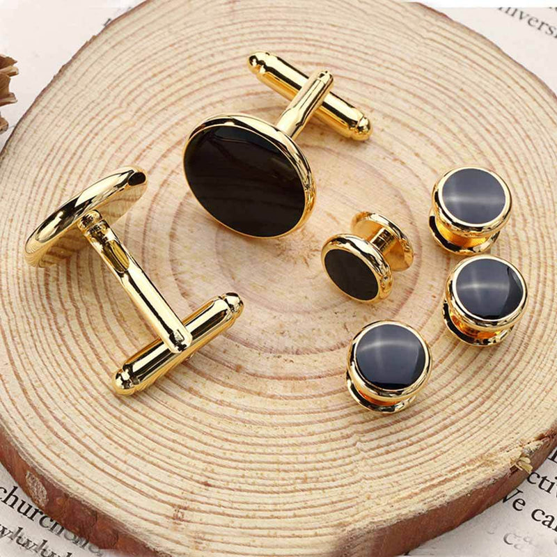 Glossy Black Tuxedo Cufflinks and Shirt Stud Set Gold 6 Piece Image Display