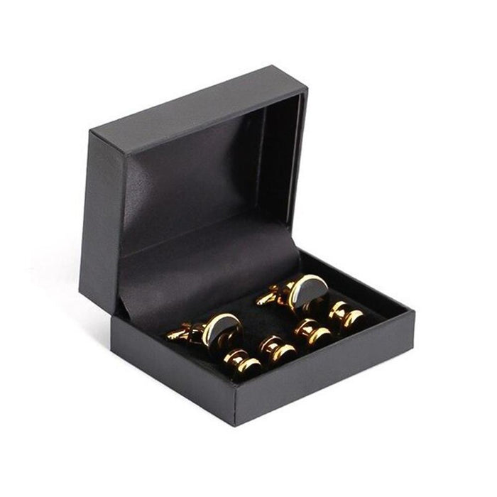 Glossy Black Tuxedo Cufflinks and Shirt Stud Set Gold 6 Piece In Box