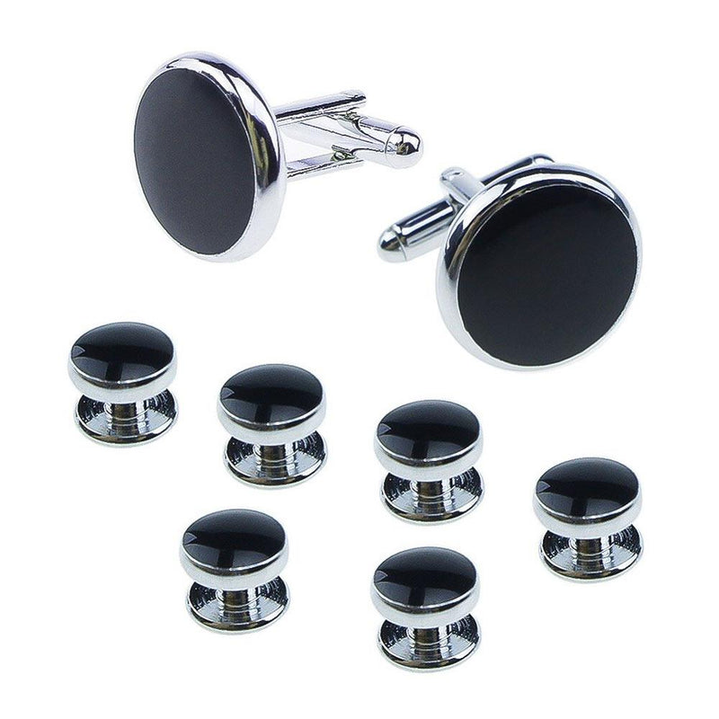 Glossy Black Tuxedo Cufflinks and Shirt Stud Set 8 Piece Silver Image