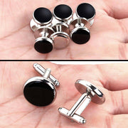 Glossy Black Tuxedo Cufflinks and Shirt Stud Set 8 Piece Silver Image Display