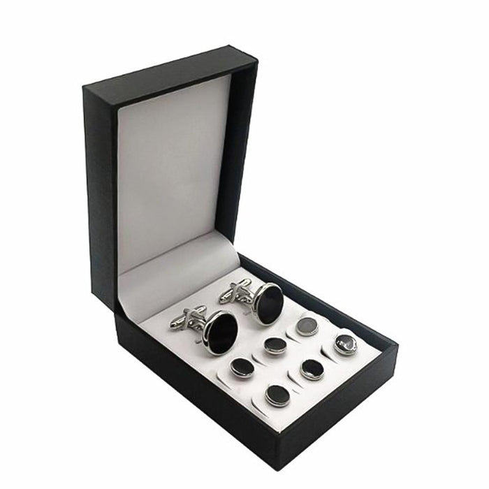Glossy Black Tuxedo Cufflinks and Shirt Stud Set 8 Piece Silver With Box