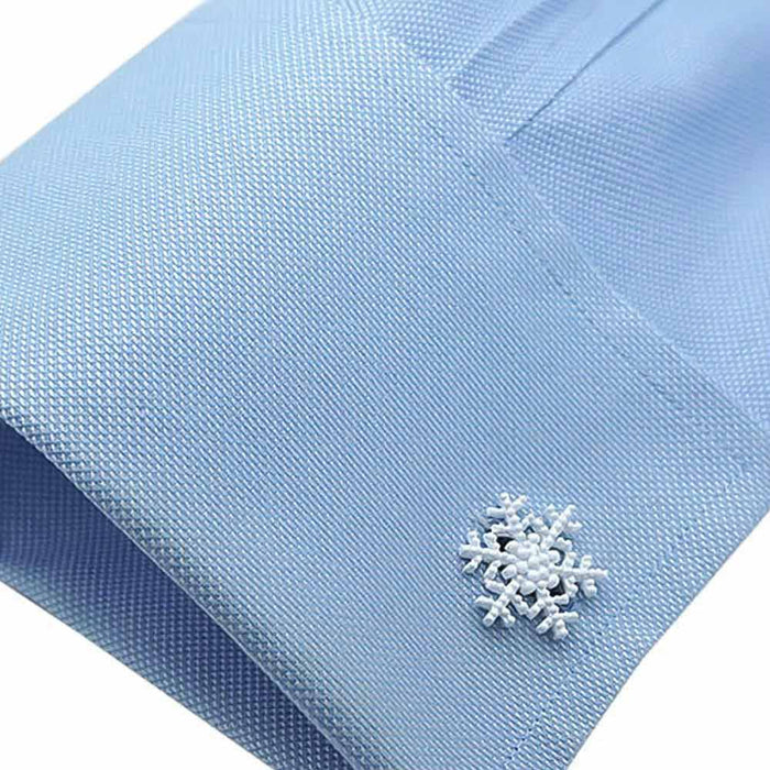 Christmas Snowflake Cufflinks White Silver Image On Shirt Sleeve