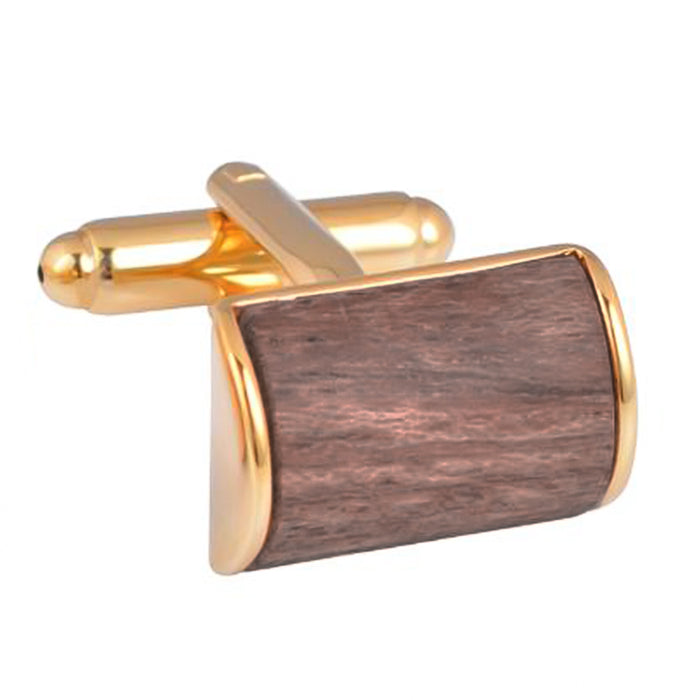 Rectangular Rounded Wood Cufflinks Gold Brown Front