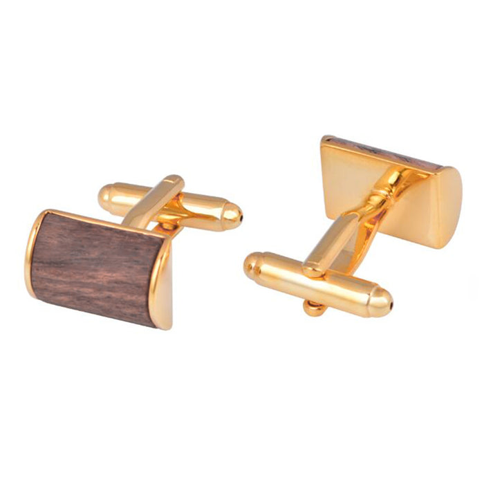 Rectangular Rounded Wood Cufflinks Gold Brown Front and Back