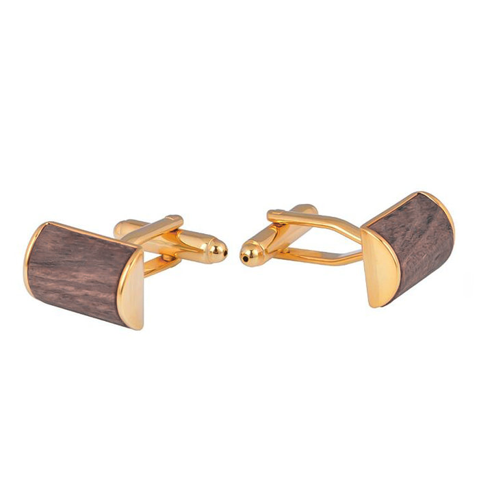 Rectangular Rounded Wood Cufflinks Gold Brown Pair