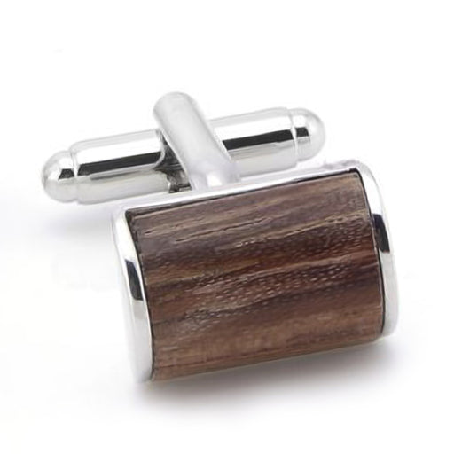 Rectangular Rounded Inlay Wood Cufflinks Silver Brown Front