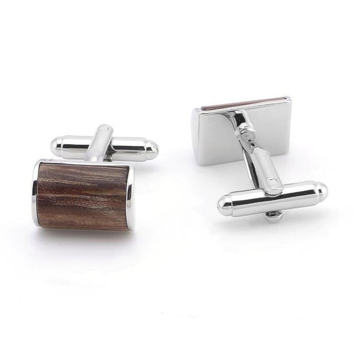 Rectangular Rounded Inlay Wood Cufflinks Silver Brown Front and Back