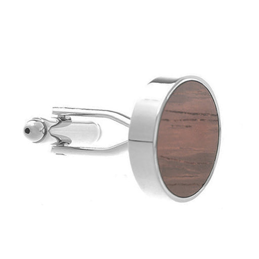 Large Round Wood Cufflinks Silver Light Brown Front