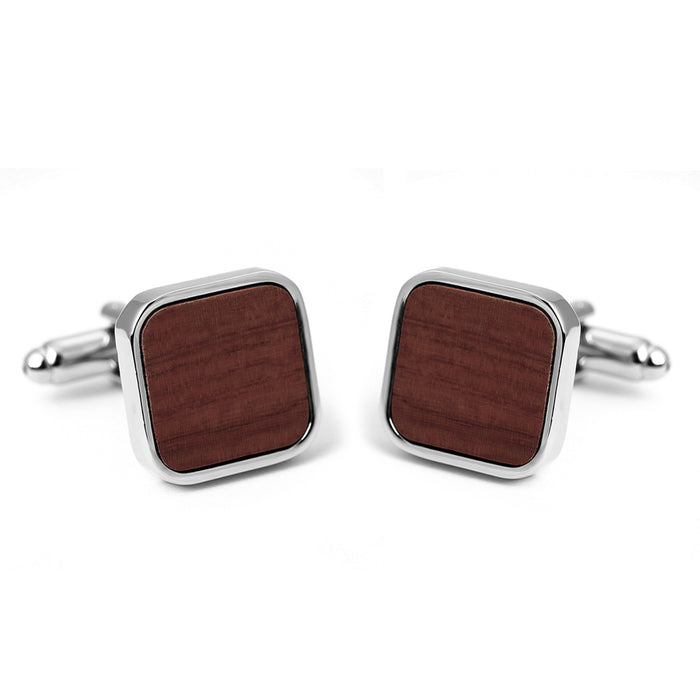 Rounded Square Brown Wood Cufflinks Silver Pair