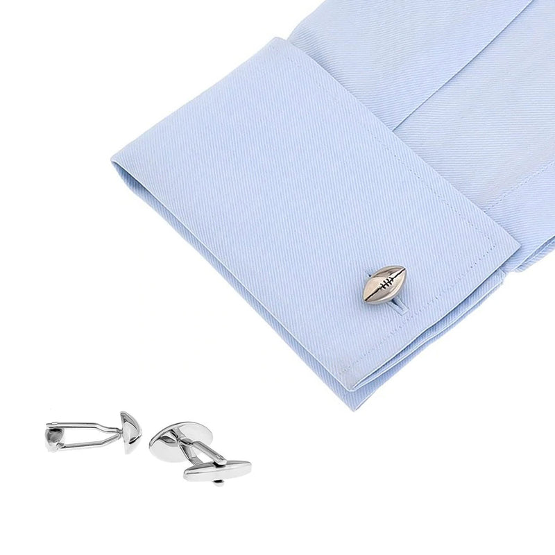 Rugby Ball Cufflinks Flat Design Silver Image On Shirt Sleeve