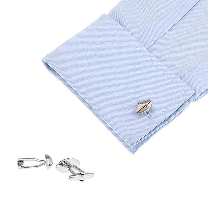 Rugby Ball Cufflinks Flat Design Silver Image On Shirt Sleeve