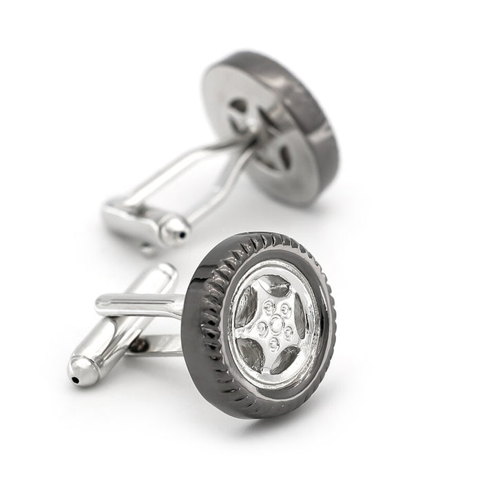 Car Wheel Tyre Cufflinks Silver and Gunmetal Black Front and Back Pair