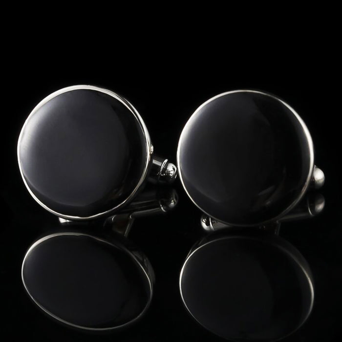 Silver Round Cufflinks Black Resin Filled Image Front Pair