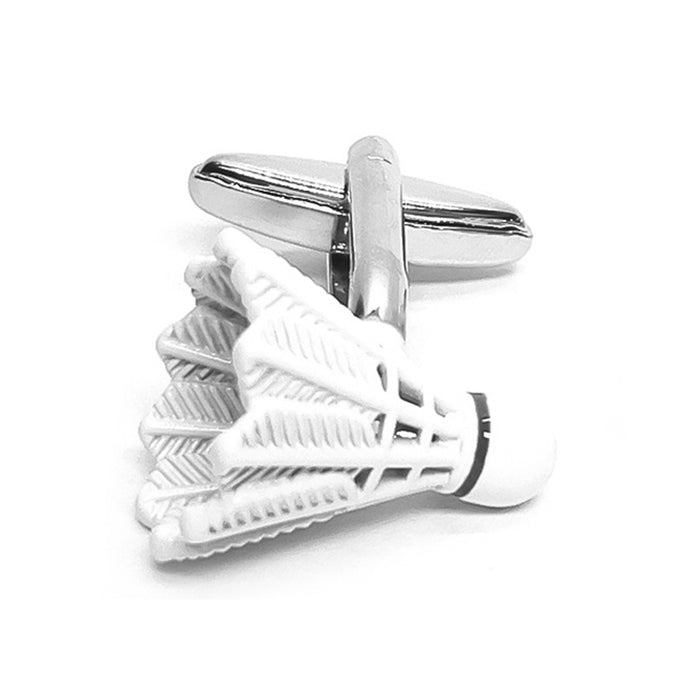 Badminton Shuttlecock Cufflinks Silver and White Front View