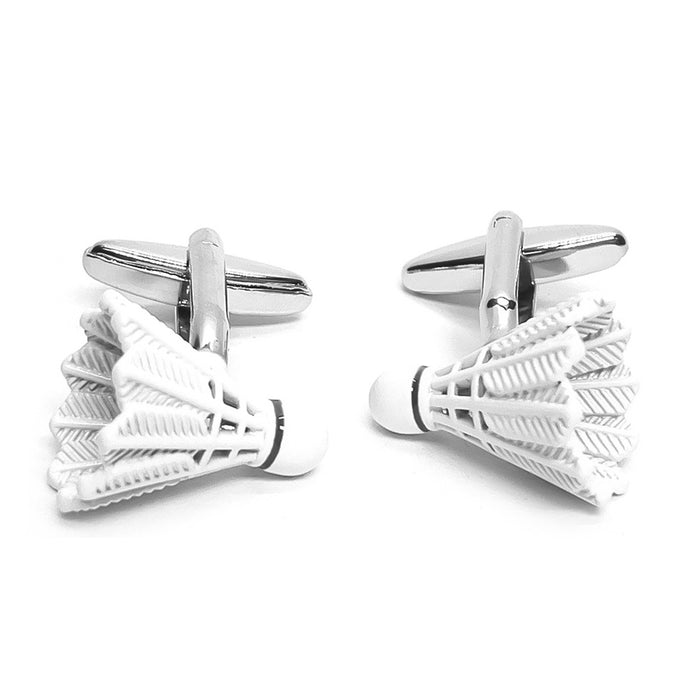 Badminton Shuttlecock Cufflinks Silver and White Front View Pair