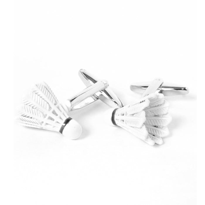 Badminton Shuttlecock Cufflinks Silver and White Front Side Pair