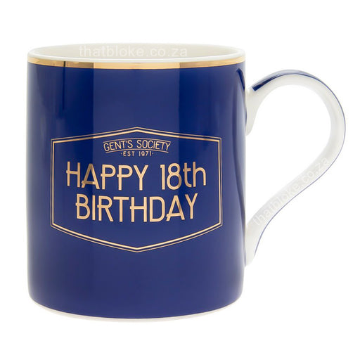 Gent's Society Happy 18th Birthday Gift Mug For Men Navy Blue and Gold