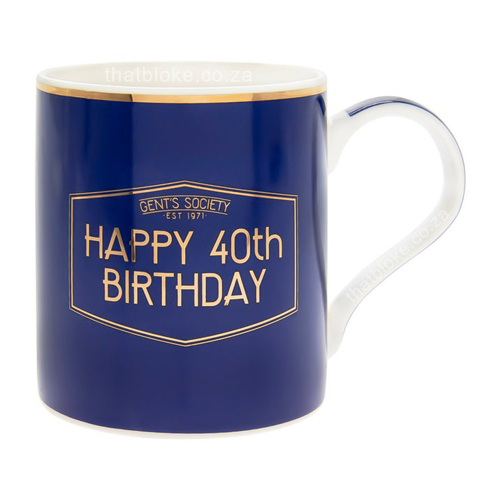 Gent's Society Happy 40th Birthday Gift Mug For Men Navy Blue and Gold