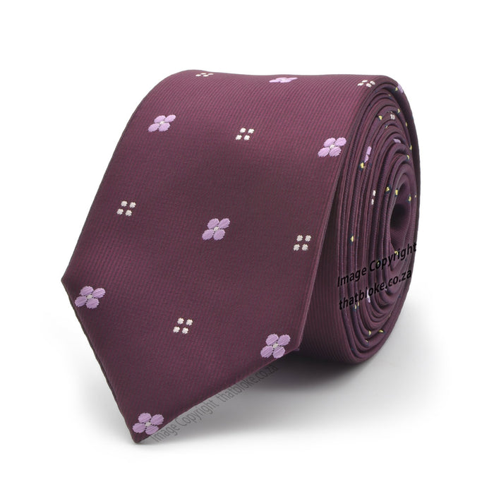 Burgundy Neck Tie For Men Flower Dot Pattern Slim Double Sided