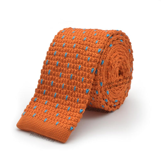 Orange Neck Tie With Blue Pin Stripe Pattern Knitted Polyester Front View