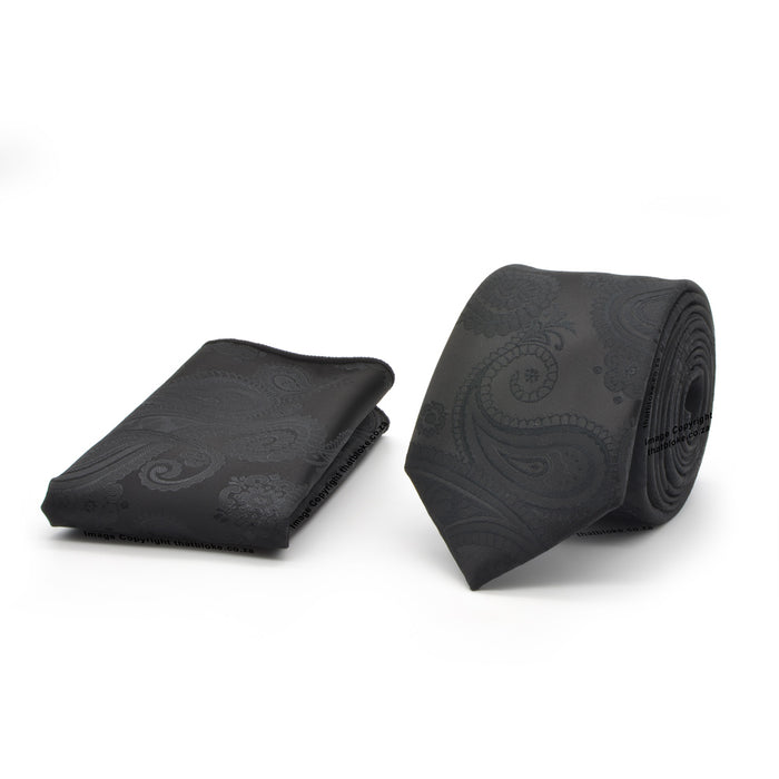 Neck Tie Pocket Sqaure Set Black Soutache Paisley Pattern