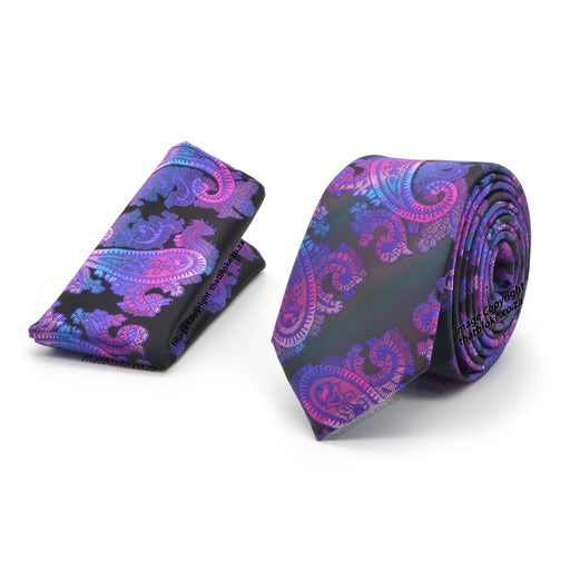 Black and Purple Neck Tie Pocket Square Set For Men Paisley Soutache Pattern