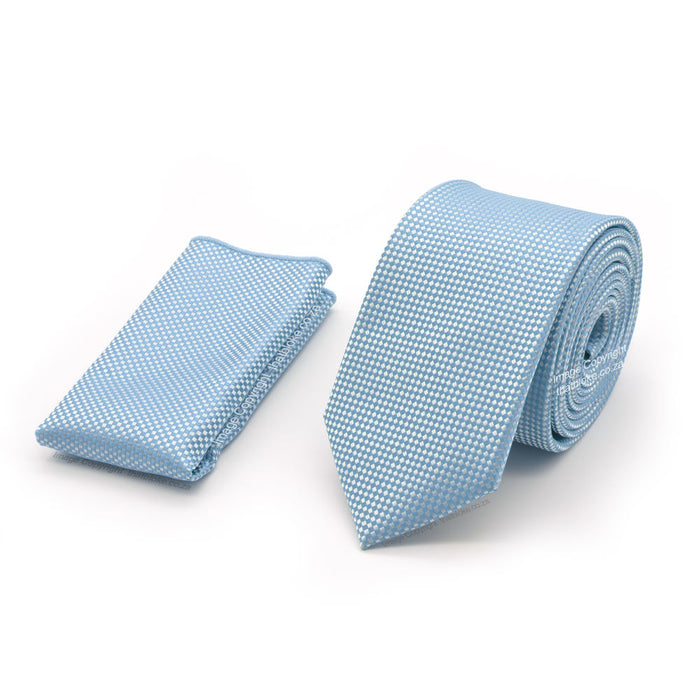Light Blue Neck Tie Pocket Square Set Slim Patterned Polyester