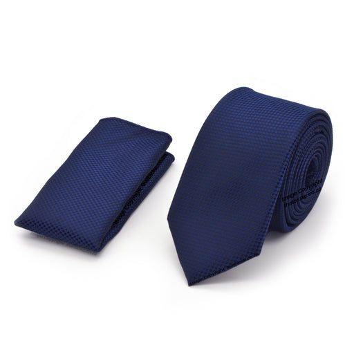 Dark Navy Blue Neck Tie Pocket Squere Set Slim Patterned Polyester
