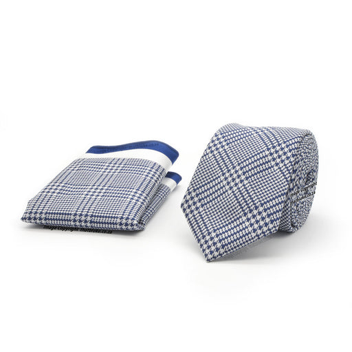 White and Navy Blue Neck Tie For Men With Pocket Square Checked Style Pattern Polyester