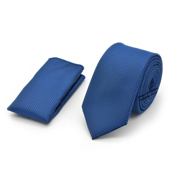 Royal Blue Neck Tie Pocket Square Set Slim Patterned Polyester