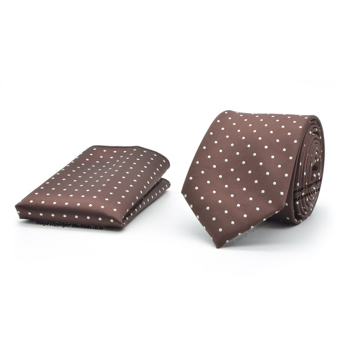 Chocolate Brown Neck Tie With Pocket Square White Polkadot Polyester