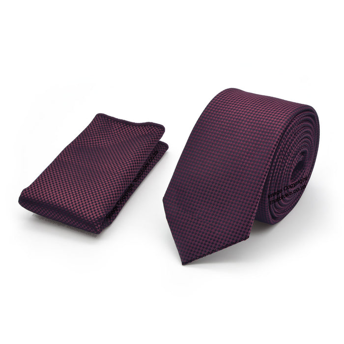 Dark Burgundy Neck Tie Pocket Square Set Slim Patterned Polyester