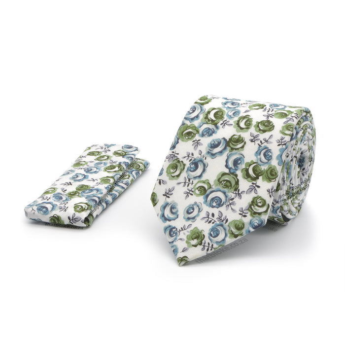 Floral Design Neck Tie Pocket Square Set White Blue Green Cotton