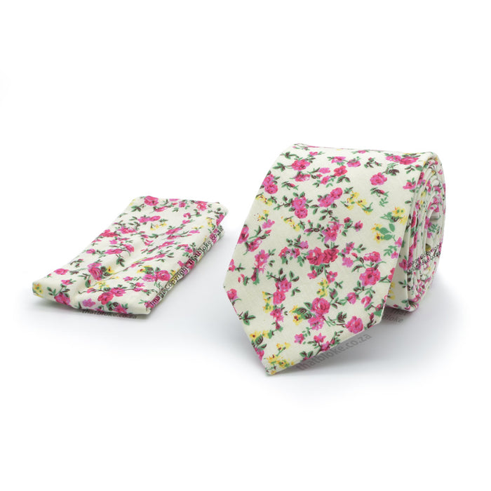 White and Pink Neck Tie Pocket Square Set Floral Design Cotton
