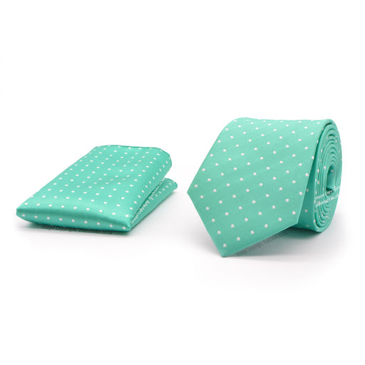 Light Mint Green Neck Tie Pocket Square Set White Polkadot Polyester