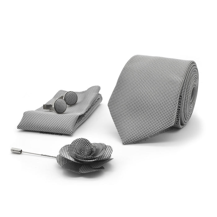 Grey Neck Tie Pocket Square Lapel Cufflinks Set Patterned Polyester