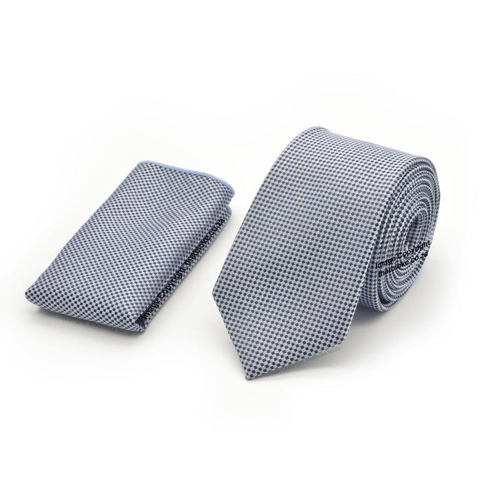 Cool Dark Silver Neck Tie Pocket Square Set Slim Patterned Polyester