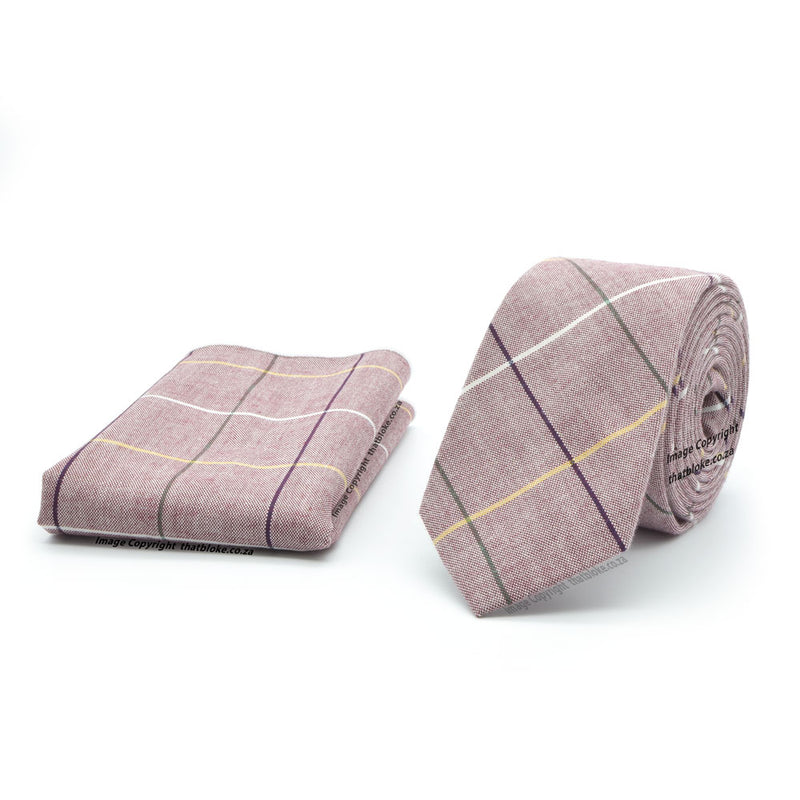 Light Berry Pink Neck Tie For Men With Pocket Square Checked Style Slim Polyester