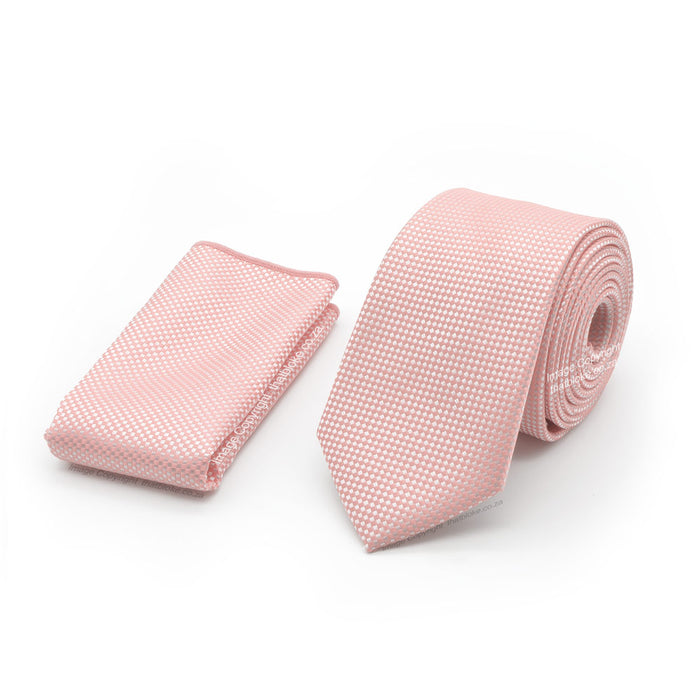 Light Peach Neck Tie Pocket Square Set Slim Patterned Polyester