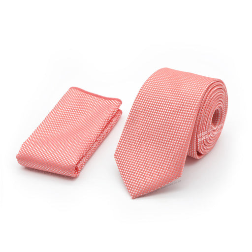 Pink Peach Neck Tie Pocket Square Set Slim Patterned Polyester