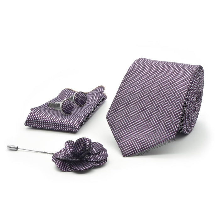 Byzantine Purple Neck Tie Pocket Square Lapel Cufflinks Set Patterned Polyester