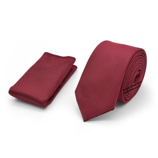 Dark Red Neck Tie Pocket Square Set Slim Patterned Polyester
