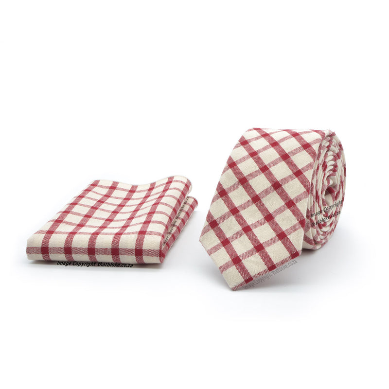 Ruby Red and Off-White Neck Tie For Men With Pocket Square Checked Style Pattern Polyester