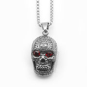 Skull Head Necklace For Men With Red Jewel Eyes Antique Silver Close Up